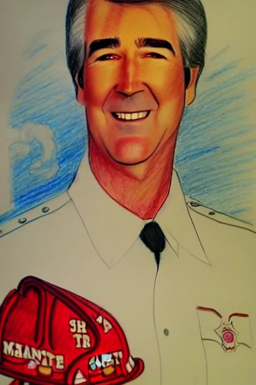 Image similar to a drawing of randy mantooth clean shaven, as a fire fighter by a child, bright colours, detailed