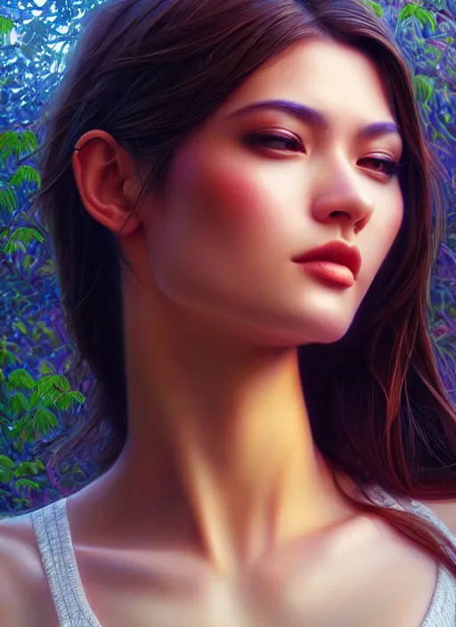 Image similar to photo of a gorgeous female in the style of stefan kostic, realistic, half body shot, sharp focus, 8 k high definition, insanely detailed, intricate, elegant, art by stanley lau and artgerm, extreme bokeh foliage