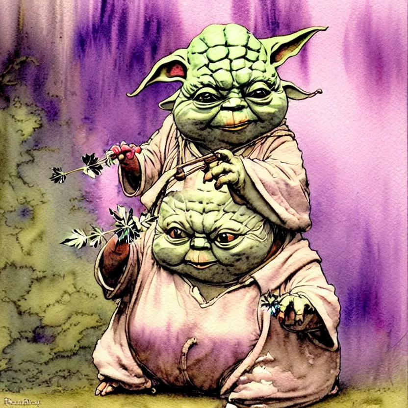 Image similar to a realistic and atmospheric watercolour fantasy character concept art portrait of a fat chibi yoda with pink eyes smiling and holding a blunt with a pot leaf nearby, by rebecca guay, michael kaluta, charles vess and jean moebius giraud
