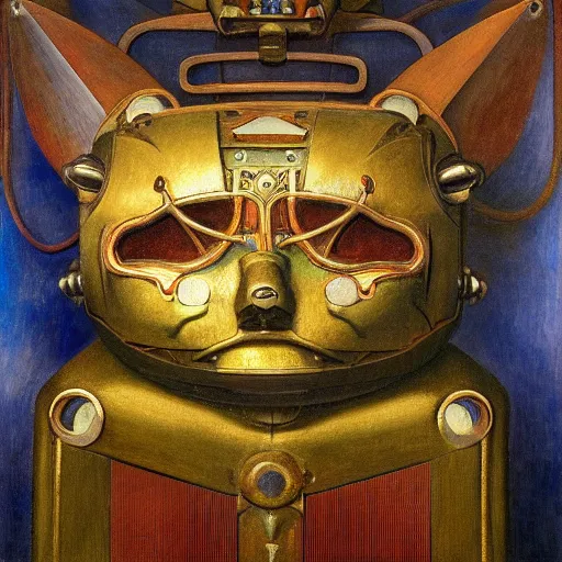 Image similar to masterpiece painting of a mechanical robot cat head, by annie swynnerton and diego rivera and nicholas roerich and jean delville, symbolist, dramatic lighting, god rays, elaborate geometric ornament, art brut, rich colors, smooth, sharp focus, extremely detailed, adolf wolfli and ( donato giancola )