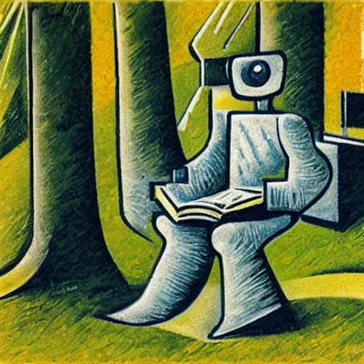 Prompt: A robot reading a book in a park, birdsview, birds; in the style of Umberto Boccioni