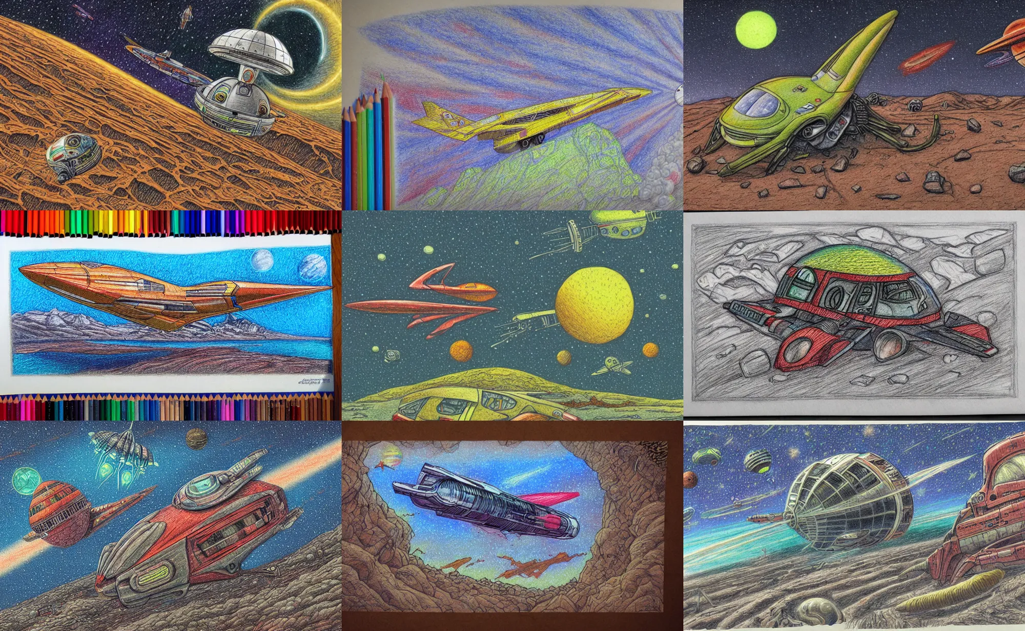 Prompt: intricately detailed color pencil sketch, retro spaceship crash landing on an alien landscape