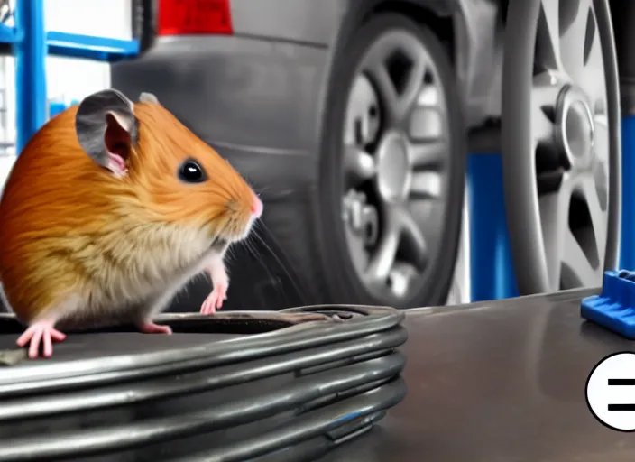 Image similar to film still of a hamster working as a mechanic in an auto shop, 8 k