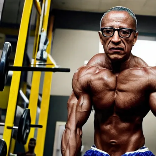 Image similar to photo of Gustavo Fring as a Bodybuilder in a gym, realistic, full body, 4k, dramatic, real