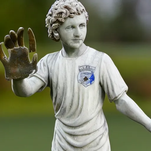 Image similar to detailed marble statue of a soccer goal keeper with angel wings, miguel angelo