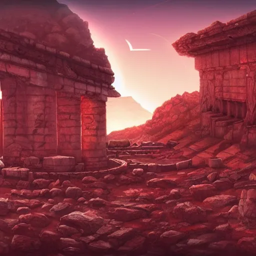 Prompt: ancient ruins in mars, retrowave epic art, trending in art station