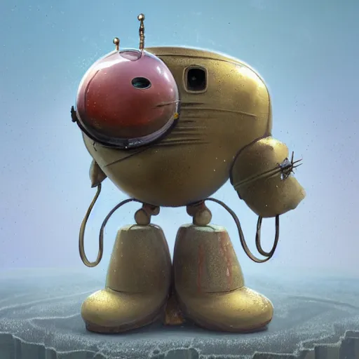 Image similar to gediminas pranckevicius, a small chubby bot, smooth panelling, one large gold eye intricate detail, style of pokemon, with damaged rusty arms, broken antenna, recycled, floating, white studio, oil, mechanical, toy, ambient light, in the style of pixar animation, pokedstudios, blender, octane render, 8 k,