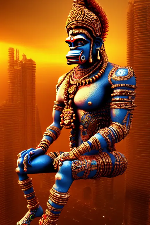 Image similar to high quality 3 d render colorful cyborg! hanuman sitting, gold madhubani, highly detailed, cyberpunk!! mumbai in the background, vray cinematic smooth, blade runner, moody light, low angle, uhd 8 k, sharp focus