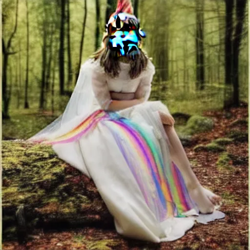 Image similar to emma watson as an elf wearing a long rainbow wedding gown sitting in a colorful forest