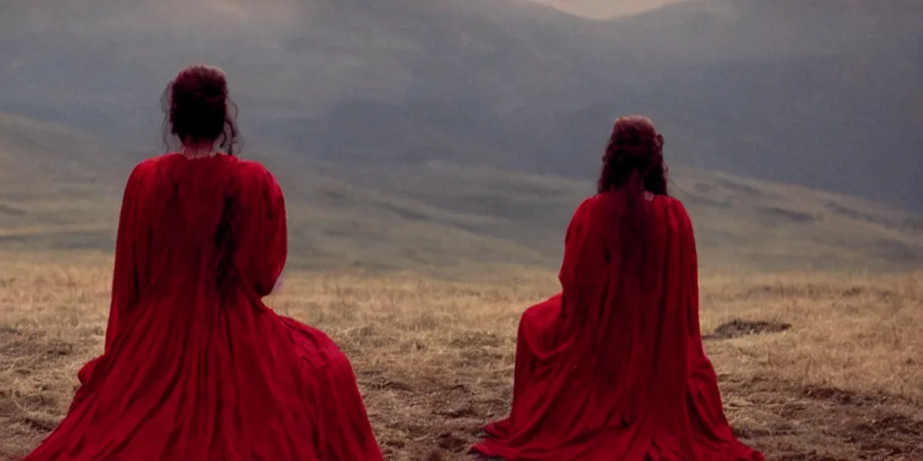 Prompt: film still of closeup a woman sitting on a throne in red long dress on the mountain of dead knights. by emmanuel lubezki