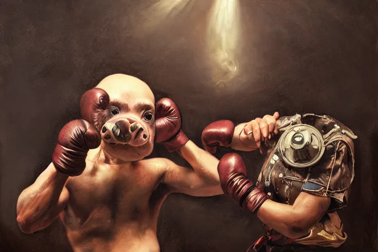 Image similar to portrait, realistic painting image about a steampunk boxer with electric boxing gloves, versus a humanoid pig. dramatic scene, horror, dramatic lighting realism, created by gustave courbet and michaelangelo, trending in artstation, fine art, smooth draw with oil painting.