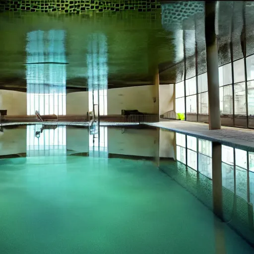 Image similar to a flooded indoor pool, underground, surreal, hotel pool, iminal space,