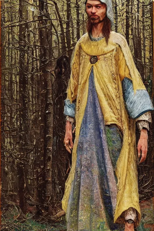 Prompt: slavic dog head man, woolen torso in medieval clothes, walking in the forest, orthodox, oil painting, concept art, hyperrealism, beautiful, high resolution, trending on artstation, by annie swynnerton and nicholas roerich, embroidered robes, elaborate costume, geometric ornament, symbolist, soft colors, extremely detailed