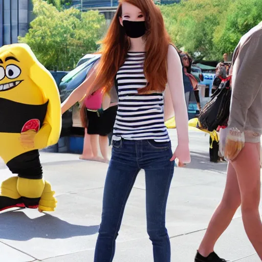 Image similar to a full body banana with legs and arms wearing an emma stone mask