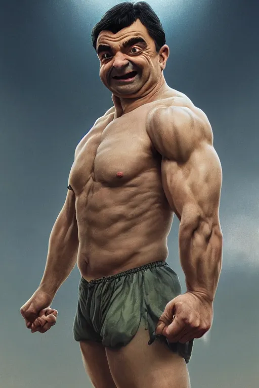 Image similar to upper body portrait of a hulking herculean chiseled mr bean rowan atkinson, cinematic lighting, photorealistic, octane render, 8 k, depth of field, 3 d, art by artgerm and greg rutkowski and alphonse mucha and uang guangjian and gil elvgren and sachin ten