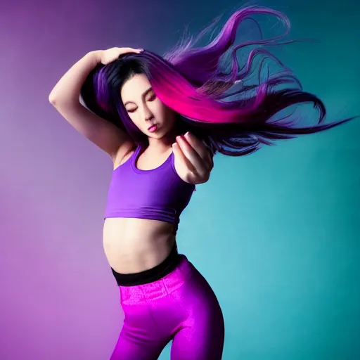 Image similar to a award winning full body shot of a beautiful woman in a croptop with a ombre purple pink teal hairstyle with head in motion and hair flying, gloves, outrun, vaporware, vivid colors, highly detailed, fine detail, intricate