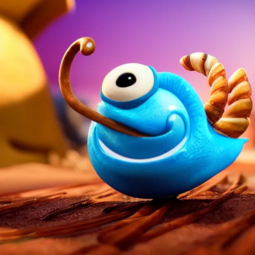Image similar to cute cartoon snail with a cinnamon roll shell, still from pixar movie, disney 3 d, 8 k, octane render