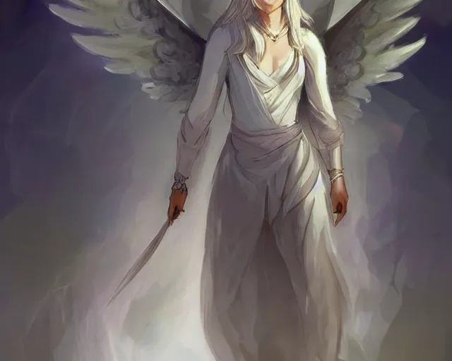 Image similar to infinitely detailed concept art of angel elegantly clothed strolling through a peaceful path, artstation!! / pixiv!!! infinitely detailed