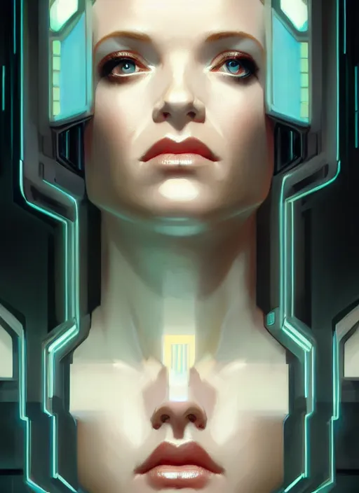 Image similar to symmetrical!! upper body!! bladerunner cyberpunk portrait of christina hendricks, beautiful face, highly detailed face!!!, extremely detailed!, digital painting, unreal engine 5, art by artgerm and greg rutkowski and alphonse mucha