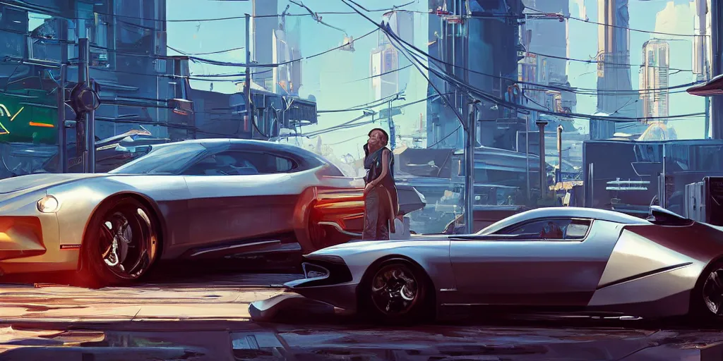 Prompt: art style by Ben Aronson and Edward Hopper and Syd Mead, wide shot view of the Cyberpunk 2077, on ground level. full view of a silver car designed by Henrik Fisker, Bruce Kaiserm and Jon Sibal.