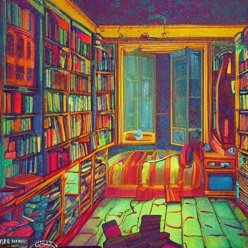 Prompt: an imagination machine bursting with colours, inside a wizards room, books are on shelves, machine parts litter the floor, in the style of an old painting