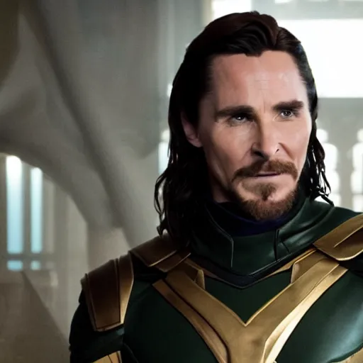 Prompt: film still of Christian Bale as Loki in Avengers Endgame