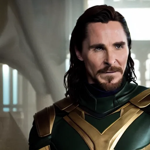 Image similar to film still of Christian Bale as Loki in Avengers Endgame