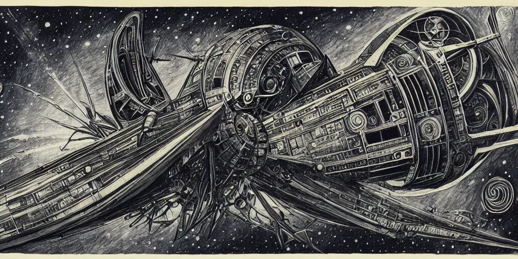 Image similar to atompunk space ship sailing the infinite cosmos, grand scale, raygun gothic style, astrophysics, mathematical drawing, painting by h. r. giger