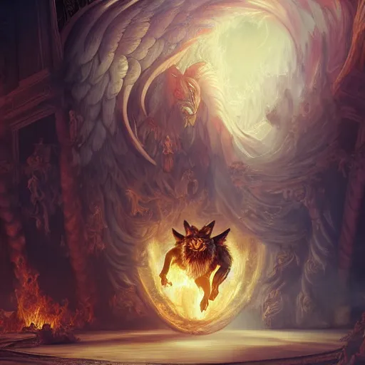 Image similar to A epic and beautiful rococo painting of a angelic werewolf inside a burning cathedral. demon slayer style. ultra-detailed. Anime, pixiv, UHD 8K CryEngine, octane render