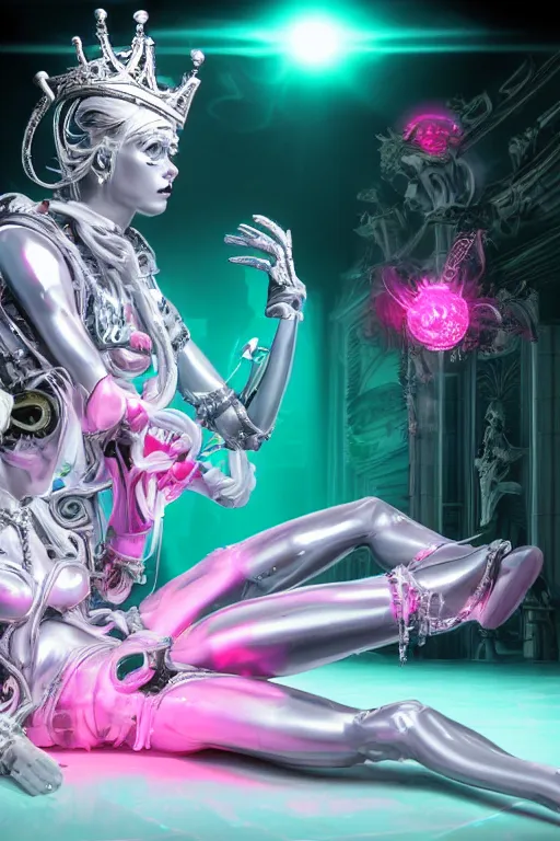 Prompt: full-body rococo and cyberpunk style neon statue of a young attractive deporitsta macho dotado e rico android sim roupa reclining con las piernas abertas e la piroca dura, glowing white laser eyes, prince crown of pink gears, diamonds, swirling silver-colored silk fabric. futuristic elements. full-length view. space robots. human skulls. intricate artwork by caravaggio. Trending on artstation, octane render, cinematic lighting from the right, hyper realism, octane render, 8k, depth of field, 3D