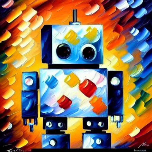 Image similar to a cute little robots painting by leonid afremov