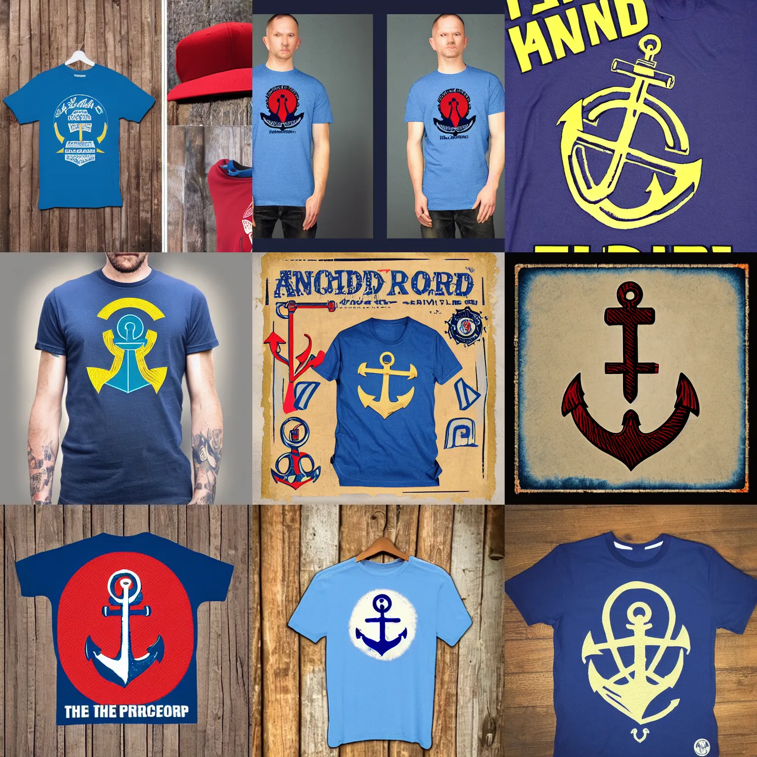 Prompt: tshirt with print of anchor in the center withe text on top stick to your guns and text on bottom ( since 2 0 0 3 ), kind of hardcore merch, blue gold white red color scheme