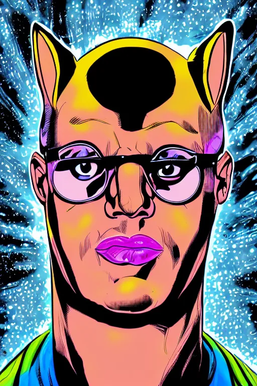 Image similar to Portrait of singer Bad Bunny, face transforming in a Rabbit, DC Comics, digital illustration by George Perez and Jim Lee