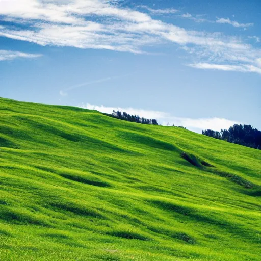 Prompt: spread across a bright green, rolling hillside were thousands of off - white dots