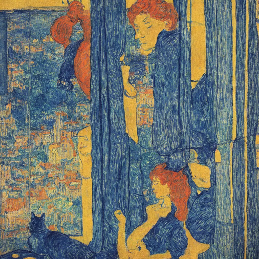 Image similar to woman and cat with city with tall trees and gothic cathedral seen from a window frame with curtains. dark indigo blue, turquoise, gold, earth brown. night with star. bonnard, henri de toulouse - lautrec, utamaro, matisse, monet