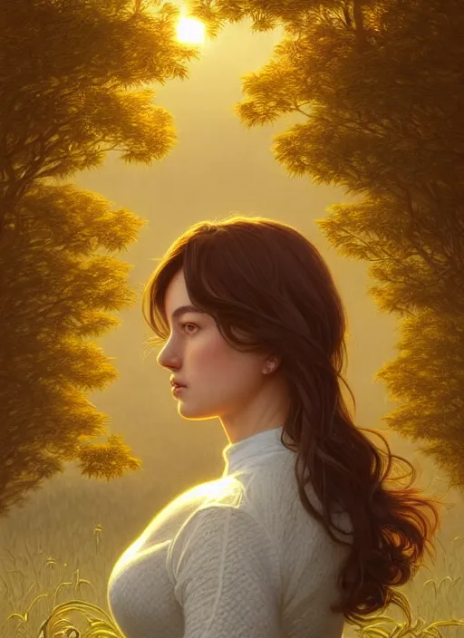 Image similar to symmetrical, full body portrait of a woman with short wavy hair, round face, cottagecore!!, river, trees, golden hour, intricate, elegant, highly detailed, digital painting, artstation, concept art, smooth, sharp focus, illustration, art by artgerm and greg rutkowski and alphonse mucha