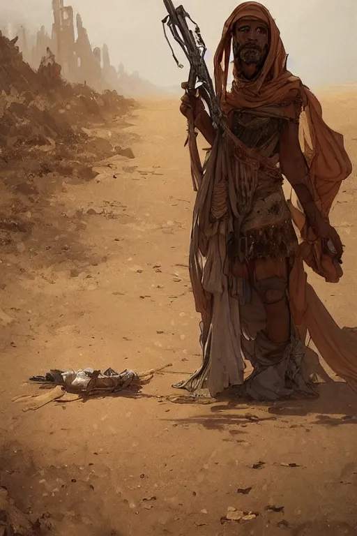 Prompt: a full body portrait of a beautiful post apocalyptic offworld desert bedouin blind barbarian leper laying by the roadside, begging, intricate, elegant, highly detailed, digital painting, artstation, concept art, smooth, sharp focus, illustration, art by krenz cushart and artem demura and alphonse mucha