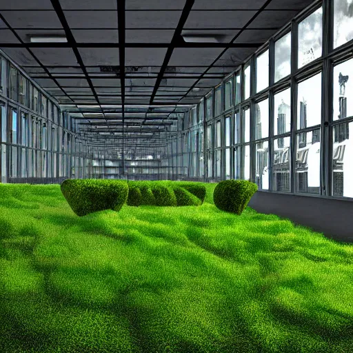 Image similar to an office with moss chairs, windows of an over grown city in the background hyper realistic digital art