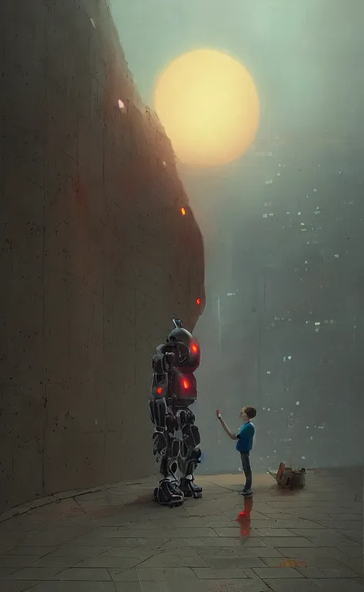 Image similar to digital painting of child playing with a huge humanoid robot in a park, sunset, a dark dystopian city behind a huge wall, stunning, cinematic lighting, concept art by greg rutkowski and simon stalenhag, artstation
