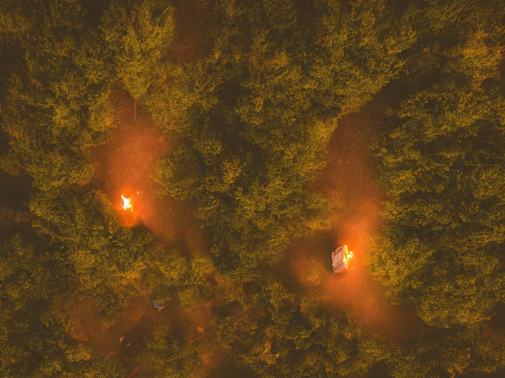 Prompt: a man is camping in the woods, it is night and there is a small campfire next to his sleeping bag, his horse stands tethered nearby, we view this from above from a birds eye perspective, cinematic lighting