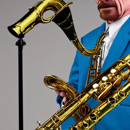 Image similar to walter white playing the saxophone, very detailed, very intricate, 8 k, dslr,