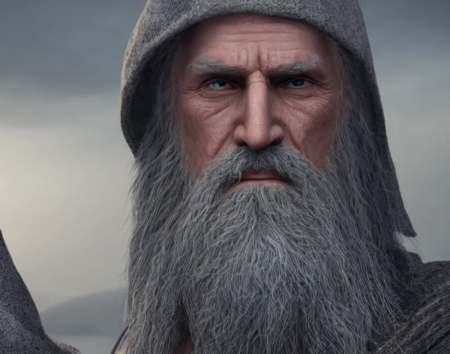 Image similar to grey wizard, very beautiful scenery, hd, hdr, ue 5, ue 6, unreal engine 5, cinematic 4 k wallpaper, 8 k, ultra detailed, by popular digital, details, beautiful image ever created, high resolution, artstation, award winning, detailed body, details face, realistic body proportions, realistic detailed skin