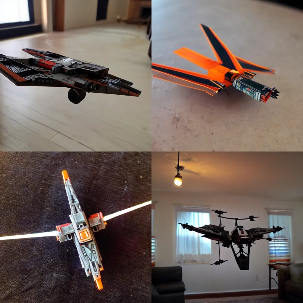 Prompt: a tiny x - wing flying around my living room