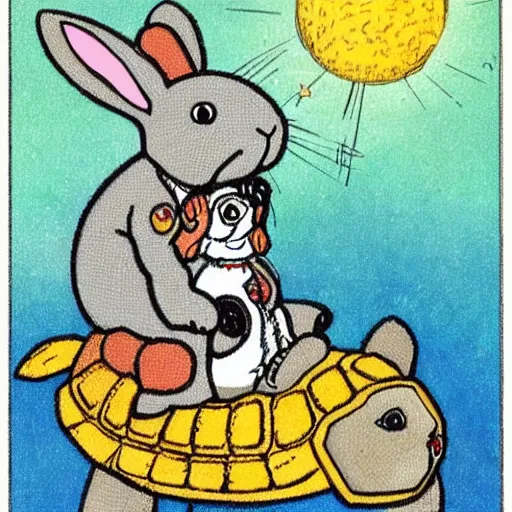 Prompt: rabbit riding a dog riding a turtle in space