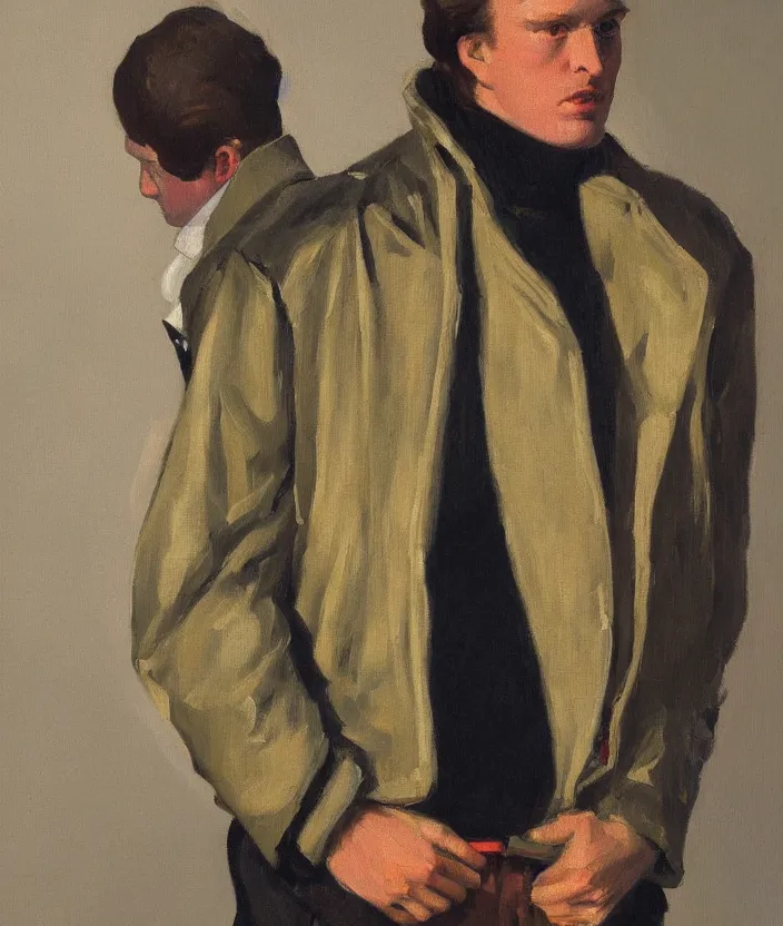 Prompt: a very detailed portrait of a man, wearing an 8 0 s jacket with big shoulder pads, very aesthetic leather jacket, detailed leather jacket, front view, in the style of edward hopper and oswald hornby joseph birley and susan ryder, very small brushstrokes, 4 k,