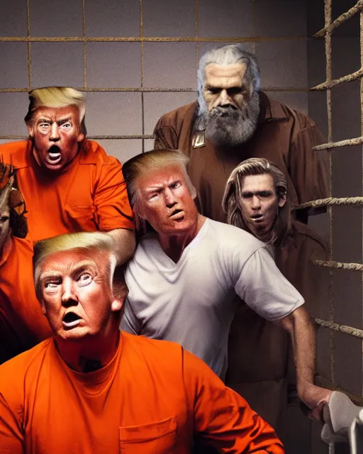 Prompt: Medium shot photo of eagles biting Donald Trumps head in jail, wearing orange pajamas, octane, dramatic lighting, editorial photo, 35mm, very detailed