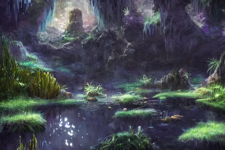 Prompt: beautiful stunning painting of a deep mysterious rocky varied cave landscape filled with large magic glowing clear crystals and filled with some ((plants)) and a small reflective pond, fantasy, digital art, realism, unreal engine, sharp, detailed, trending on artstation