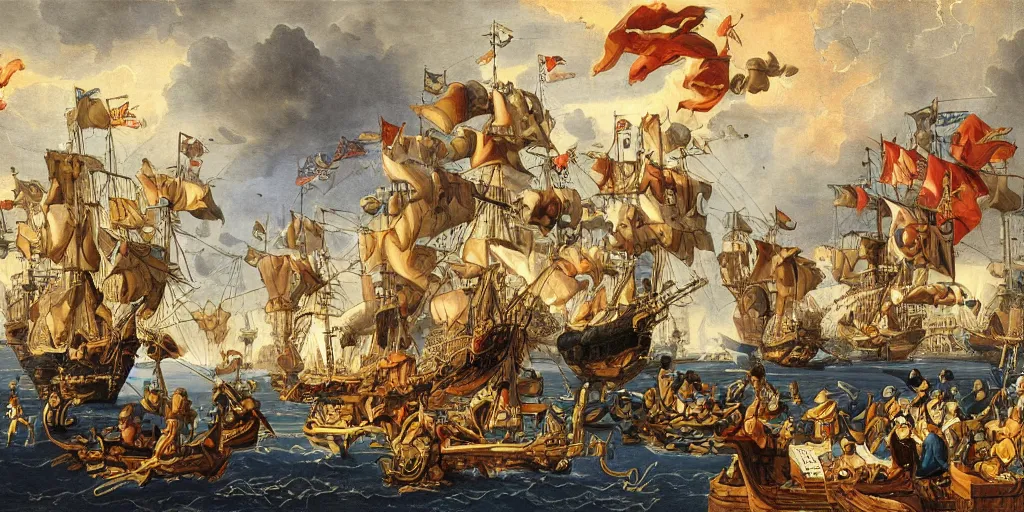 Prompt: international relations and geopolitics, mix of styles, dutch golden age, detailed, intricate, treasure planet color scheme, abstract, battle, commerce