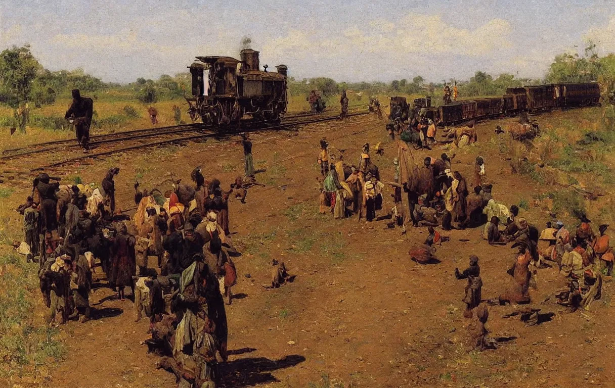 Prompt: railroad train travelling in rural nigeria, 1885, highly detailed oil on canvas, by Ilya Repin