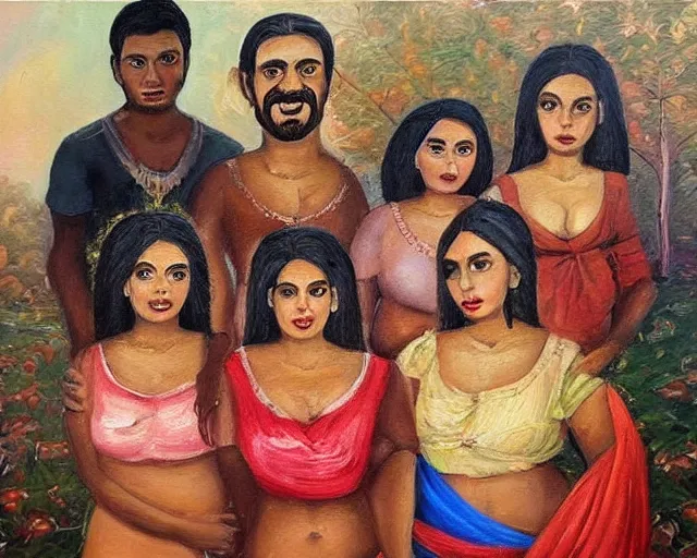 Image similar to beautiful oil painting of a brown man and his 7 wives in the afterlife. the beautiful curvy women are in love with their husband. lovely scene